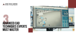 Computer screen displaying 3D mechanical assembly using CAD software