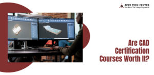 Person working on CAD software with dual monitors, designing 3D mechanical parts